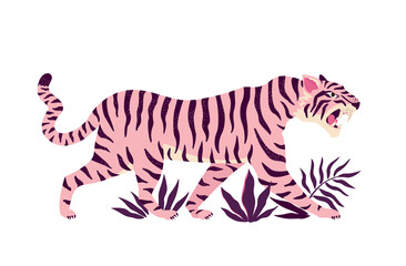 Wall Mural - Tiger and tropical leaves. Trendy vector illustration.