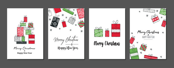 Trendy Merry Christmas set cards with modern hand drawn elements and greetings. Lettering design collection. doodle and scribbles line vector. 