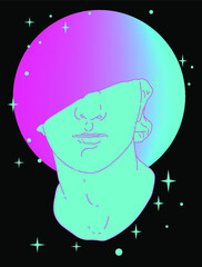 Poster - Line art style illustration of fragmentary colossal head of a youth, ancient Hellenistic gypsum sculpture. Vaporwave retrofuturistic print for apparel, wall poster or cover.