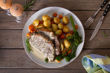 Beef steak fillets with creamy Gorgonzola cheese dressing. View from above, top studio shot