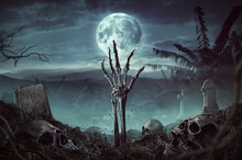 Zombie Skeleton Hand Rising In Dark Halloween Night.