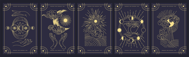 Set of five mystery cards in black and gold with intricate designs over a black background, colored vector illustration