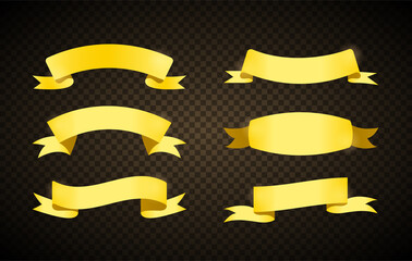 set of six gold banner ribbons or tape in different shapes with copyspace, colored vector illustrati