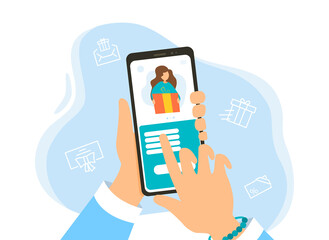 Poster - Ordering gifts online concept with the hands of a person holding a mobile phone showing a shopping app or website, colored vector illustration