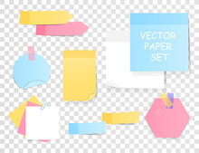 Set Of Blank Sticky Notes And Memos In Assorted Colors And Shapes For Use As Design Elements, Colored Vector Illustration