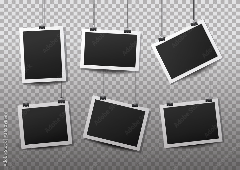 Hanging photo frames. Black empty place for your text or photo ...