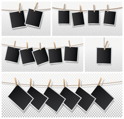 Wall Mural - Set of blank photo frame set hanging on rope. Realistic detailed photo icon design template. Vector illustration isolated on transparent background.