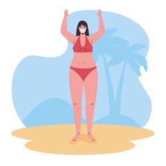 Canvas Print - woman with swimsuit wearing medical mask in the beach, tourism with coronavirus, prevention covid 19 in summer season vector illustration design