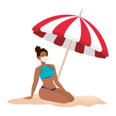 Canvas Print - woman afro with swimsuit wearing medical mask, tourism with coronavirus, prevention covid 19 in the beach vector illustration design