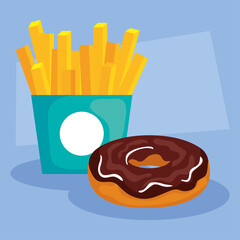 Sticker - delicious fresh sweet donut with french fries vector illustration design