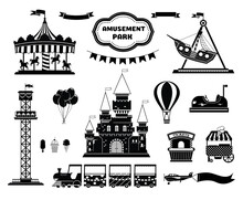 Amusement Park Silhouette Icons Set. Carnival Funfair And Ferris Wheel Emblem, Label, Badge. Amuse Circus Carousel, Air Balloon And Castle. Isolated On White Background.