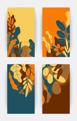 Wall Mural - Vector set of floral banners made of leaves and plants with copy space for text - bright vibrant backgrounds in bold colors. Posters, covers template, packaging design, social media stories wallpaper
