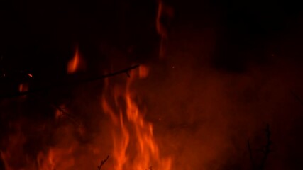 Canvas Print - Fire flames with flying sparks on a black background. Firestorm texture. Bokeh lights on black background, shot of flying fire sparks in the air. Burning bonfire over dark night background. 4K slowmo