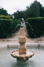 Vertical Shot Of A Water Fountain In The Center Of A Green Garden