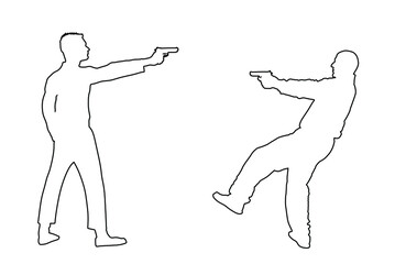 Poster - Public crime scene, gunfight battle. Man with gun shooting in opponent vector line contour silhouette. Conflict situation. Gun fire. police agent shutting against mafia member. policeman arrest