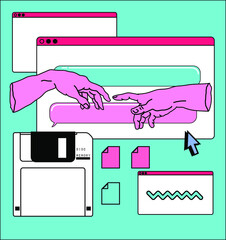 Poster - Retrofuturistic vector illustration of user interface in cartoon anime or manga style.