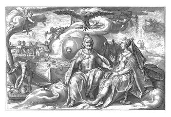 Wall Mural - Jupiter and Juno discuss the question of which of the sexes has greater lust, vintage illustration.