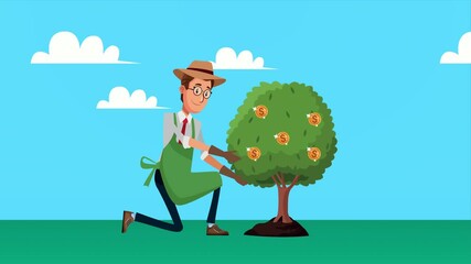 Canvas Print - elegant gardener businnessman with coins tree character animated