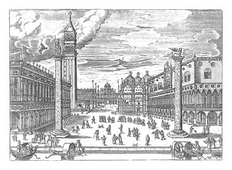 Wall Mural - View of the Piazzetta in Venice, anonymous, c. 1570 - 1660, vintage illustration.