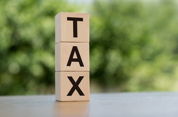 Wall Mural - tax, the word tax on wooden cubes on a green background, selective focus, the concept of taxation and accounting