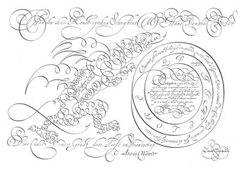 Wall Mural - Writing example with a dragon in curly work, vintage illustration.