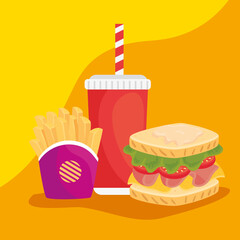 Poster - fast food, delicious sandwich with french fries and bottle beverage vector illustration design