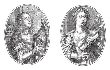 Wall Mural - Urania and Polyhymnia, Crispijn van de Passe (II), 1640, vintage illustration.