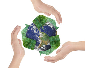 Canvas Print - hands surrounding the earth and logo recycle isolated on white. element of the image furnished by na