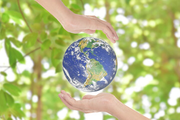 Canvas Print - save earth concept. hands with earth over green nature background. element of the image furnished by