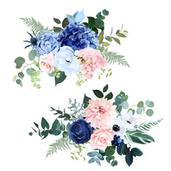 classic navy blue, blush pink rose, hydrangea, ranunculus, dahlia, white anemone