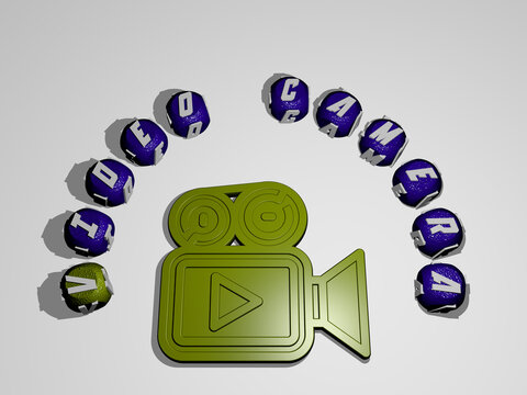 3D illustration of video camera graphics and text around the icon made by metallic dice letters for the related meanings of the concept and presentations. background and game