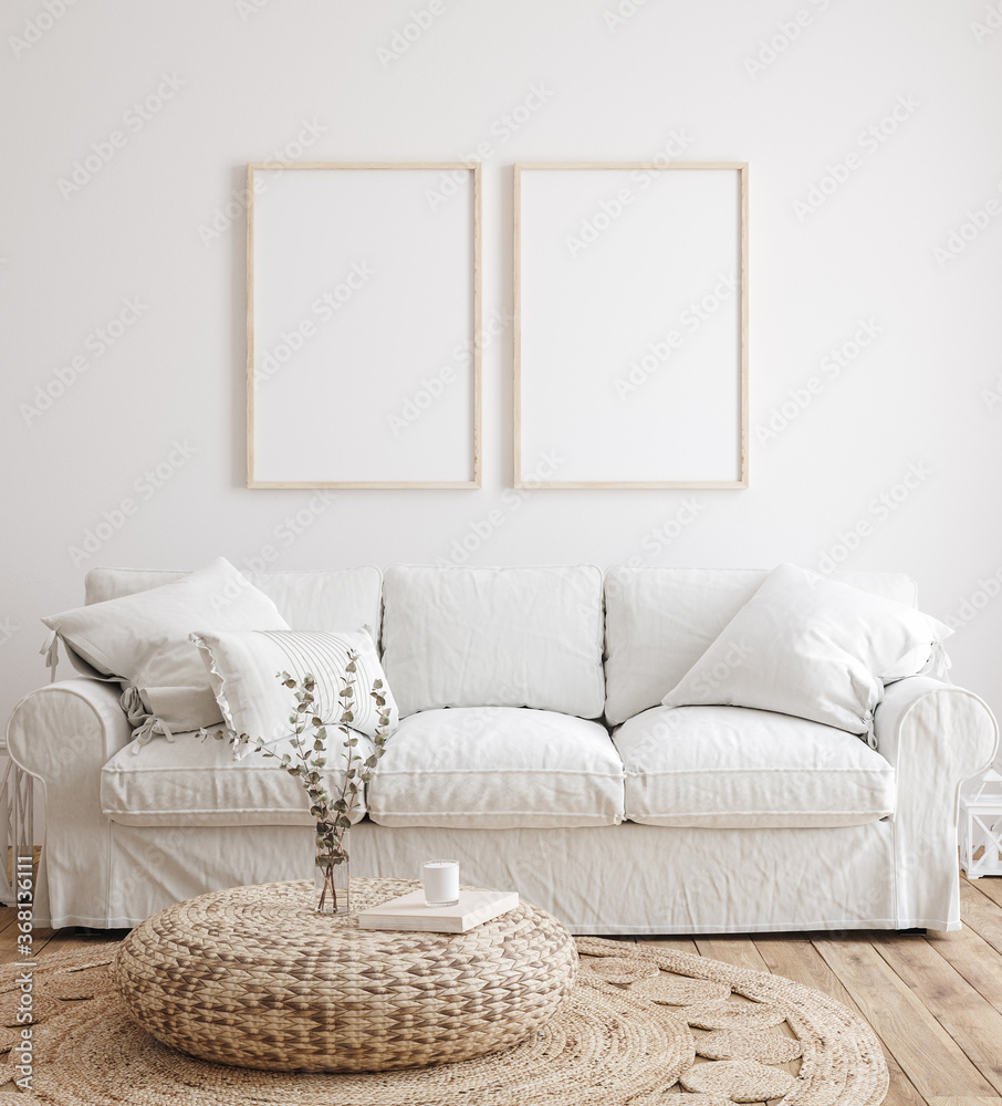 Mockup frame in farmhouse living room interior, 3d render	 - obrazy, fototapety, plakaty 