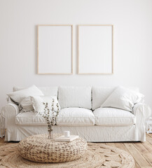 Mockup frame in farmhouse living room interior, 3d render	