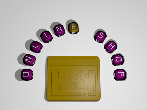 3D illustration of online shop graphics and text around the icon made by metallic dice letters for the related meanings of the concept and presentations. business and computer