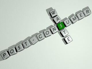 Poster - crosswords of going green: post-consumer waste arranged by cubic letters on a mirror floor, concept meaning and presentation. background and illustration