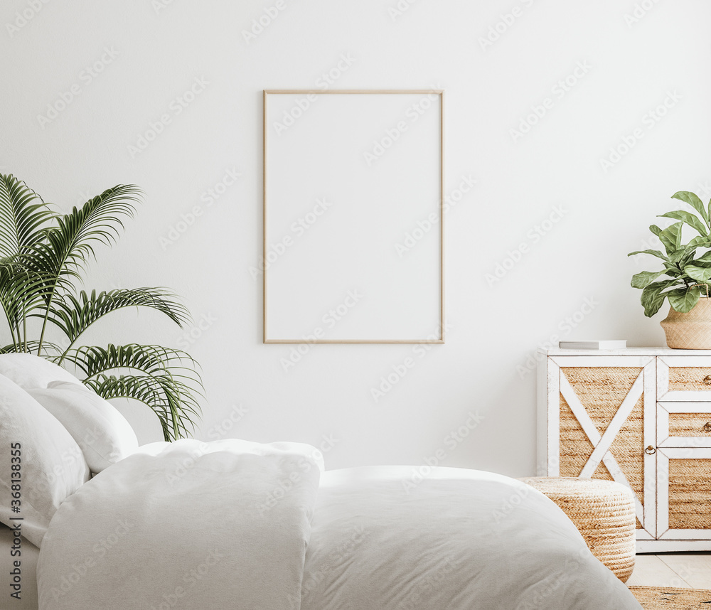 Mockup frame in bedroom interior background, Farmhouse style, 3d render - obrazy, fototapety, plakaty 