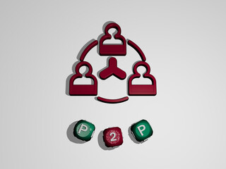Fototapete - 3D representation of P2P with icon on the wall and text arranged by metallic cubic letters on a mirror floor for concept meaning and slideshow presentation