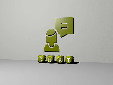 3D illustration of CHAT graphics and text made by metallic dice letters for the related meanings of the concept and presentations. icon and communication