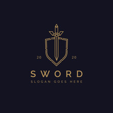 Elegant Sword And Shield Logo Icon Vector Template On Dark Background