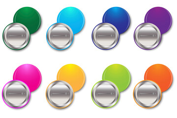 Poster - Blank badge. Round glossy pin. Blank metal brooch. Multi-colored badges. Vector image. Stock photo.