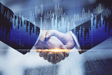 Double exposure of forex graph hologram and handshake of two men. Stock market concept.