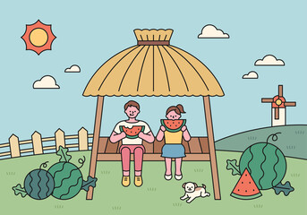 Wall Mural - cute children are eating watermelon in the shelter in the watermelon field. korean summer landscape.