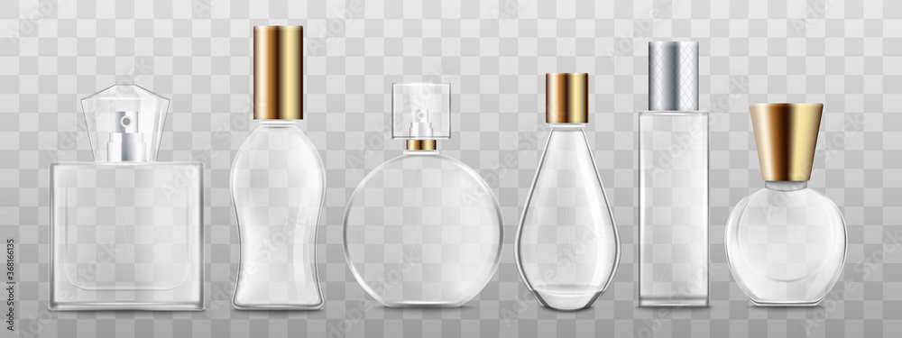 Realistic perfume bottle set isolated on transparent background - obrazy, fototapety, plakaty 