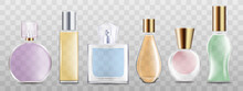 Set Of Perfume Glass Bottles 3d Realistic Vector Illustration Mockup Isolated.