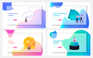 Poster - ipo initial public offering landing page template set. tiny characters businessmen, businesswomen, t