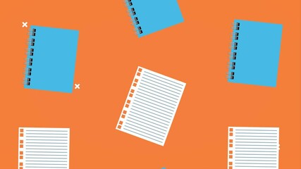 Poster - back to school animation with notebooks and sheets pattern