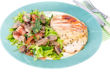 Sticker - Grilled chicken breasts and lettuce green leaves with champignons. Studio Photo