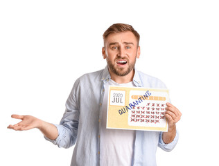 Sticker - Troubled man holding calendar with written word QUARANTINE against white background