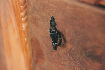 Black metal knob on the wooden furniture.