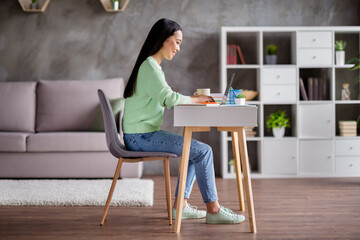 Poster - Full body profile side photo of positive asian smart girl ceo expert work remote laptop prepare presentation document sit cozy desk in house indoors